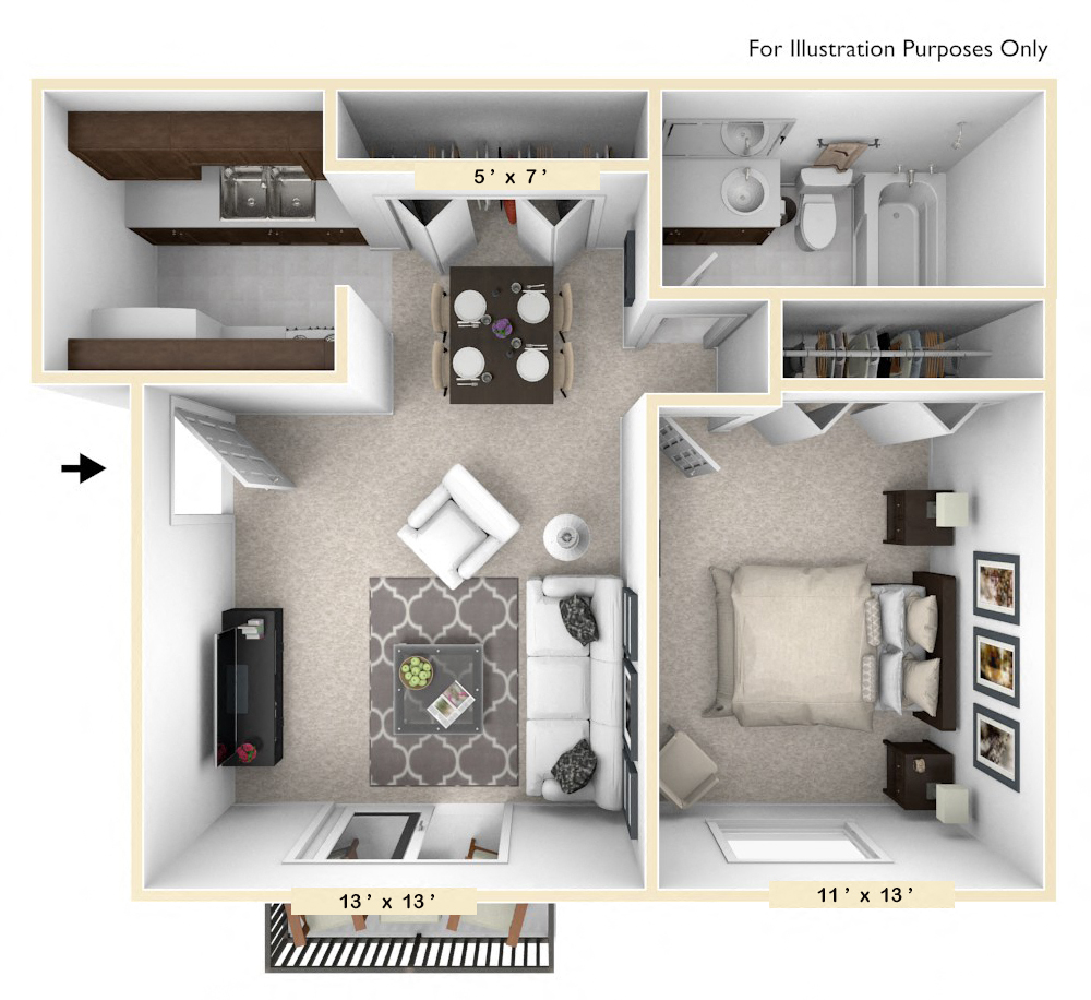 Floor plan for 1 bed, 1 bath, 546 sqft
